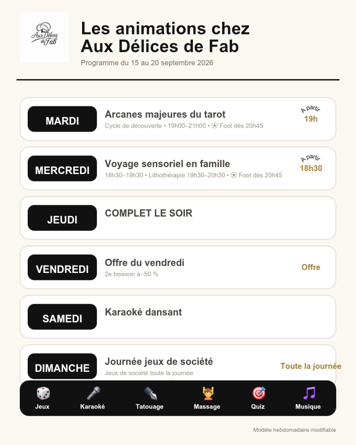 Animations de la semaine du 15 au 20 septembre